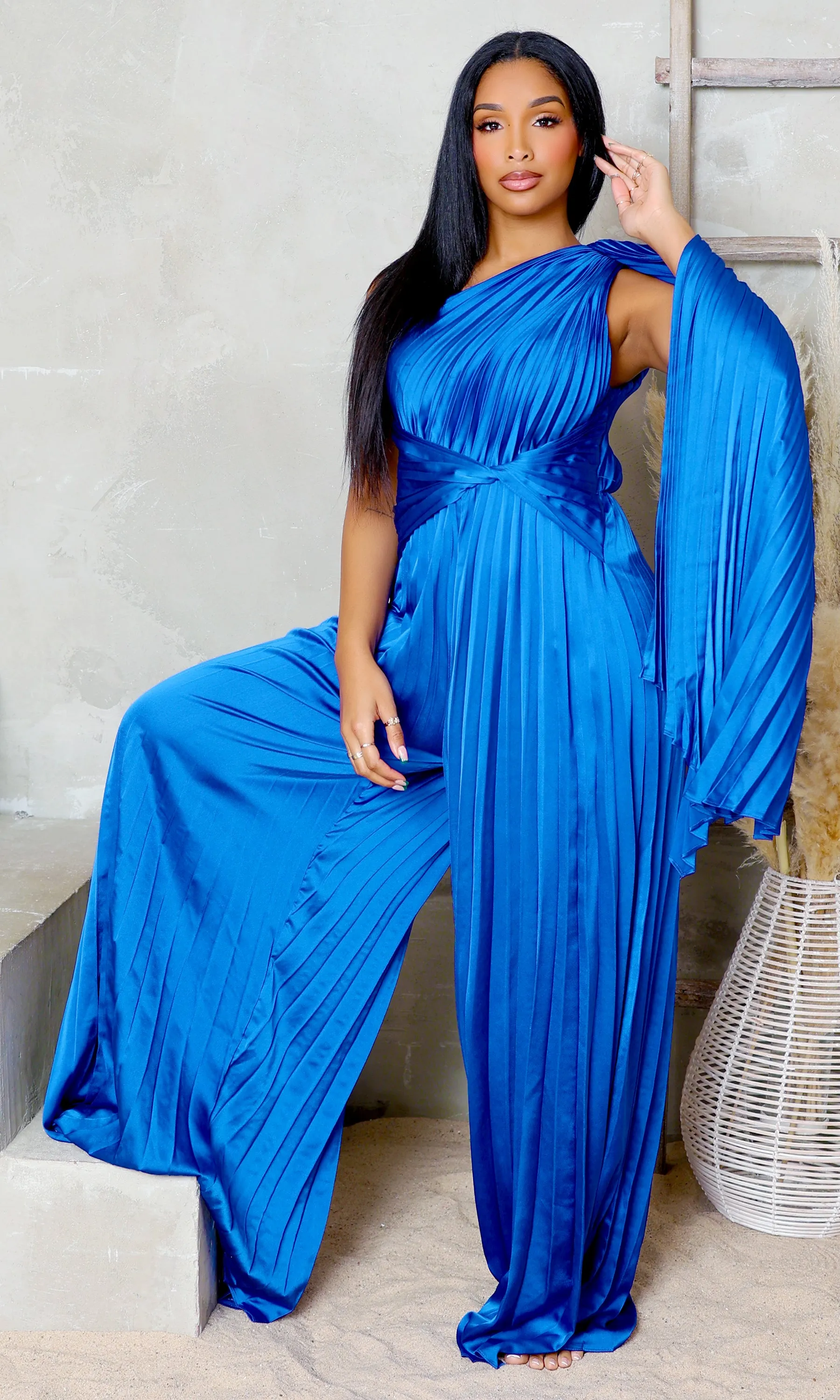 Graceful Asymmetry Pleated Jumpsuit- Royal Blue FINAL SALE