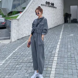 Gray Denim Overalls Jumpsuit with Long Sleeve for Women