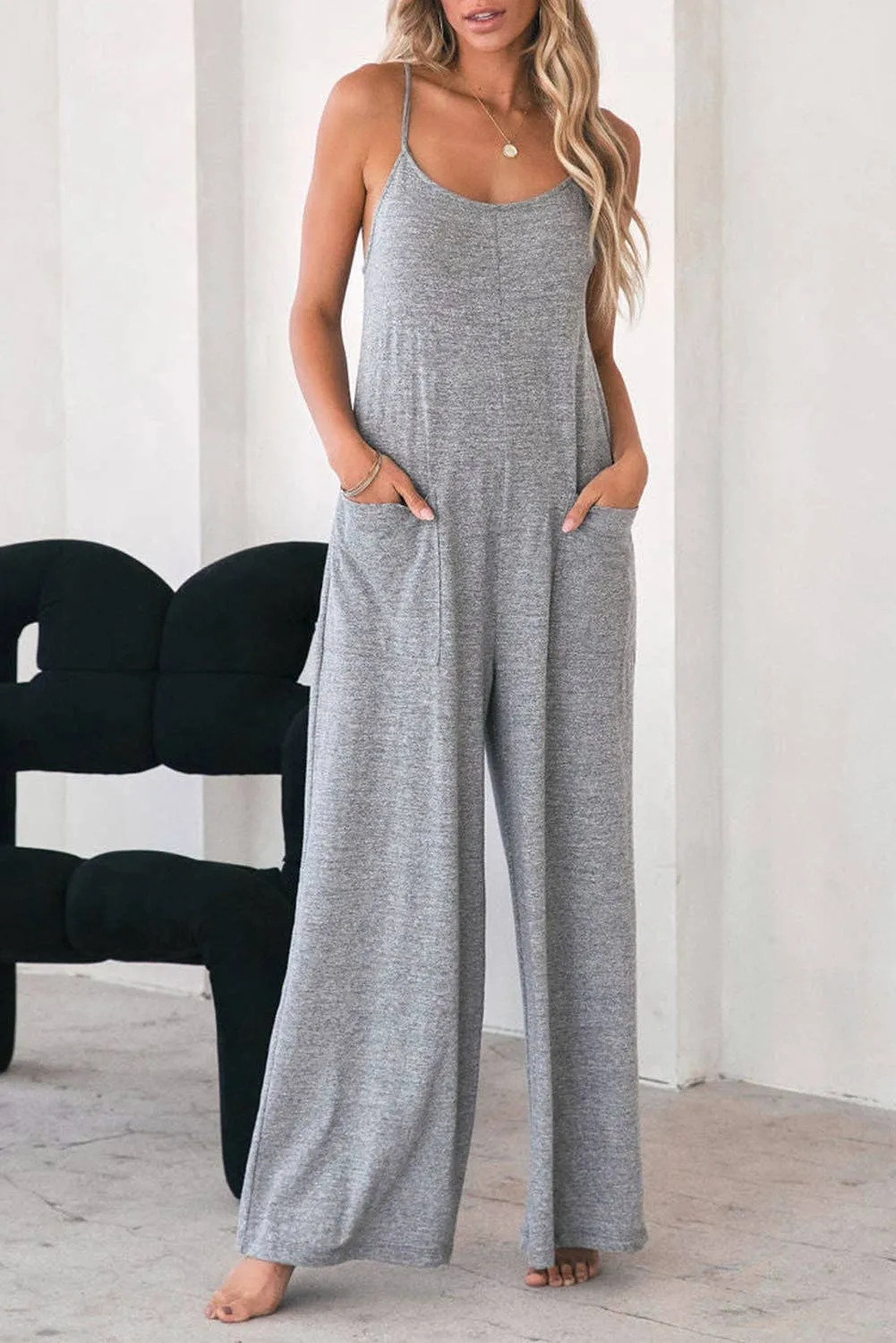 Gray Wide Leg Jumpsuit w/ Pockets