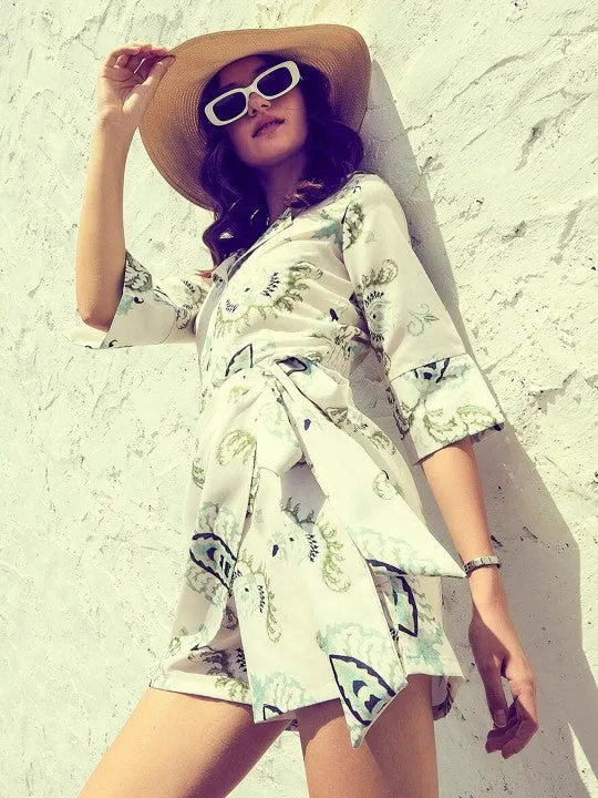 Green & White Printed Jumpsuit