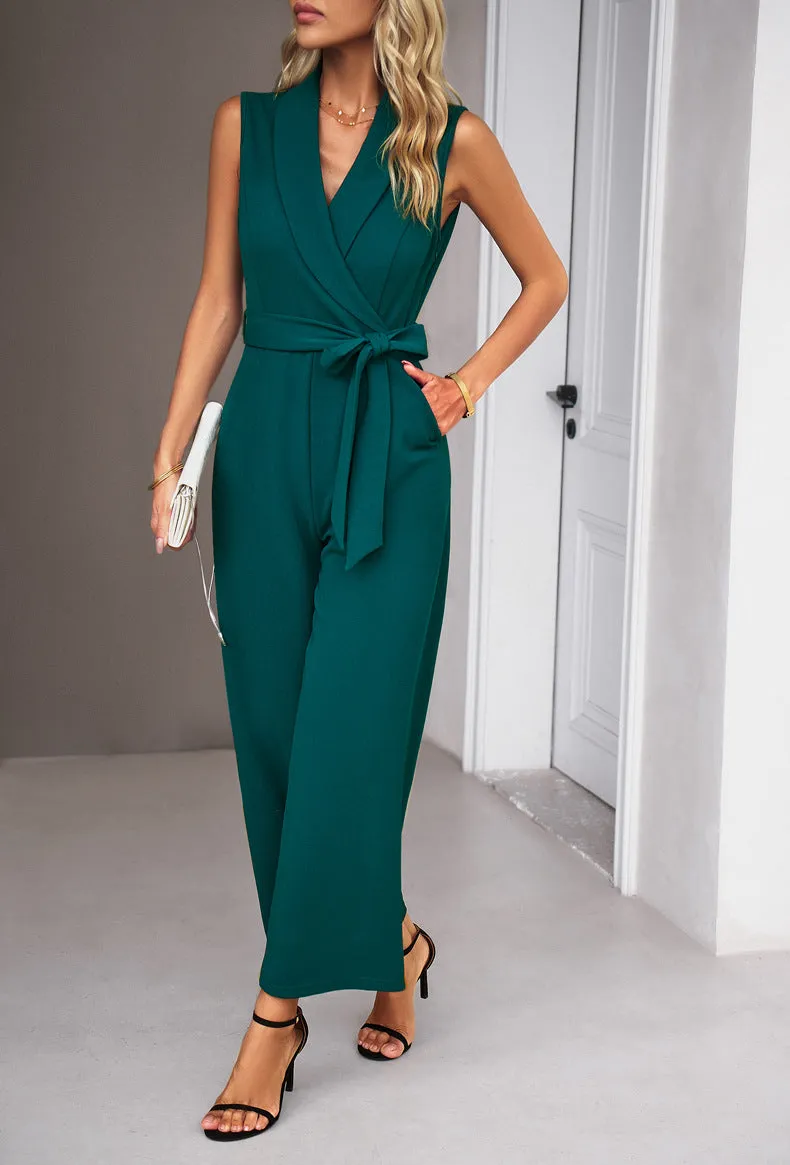 Green  Casual Loose Vest Sleeveless V-Neck Jumpsuit