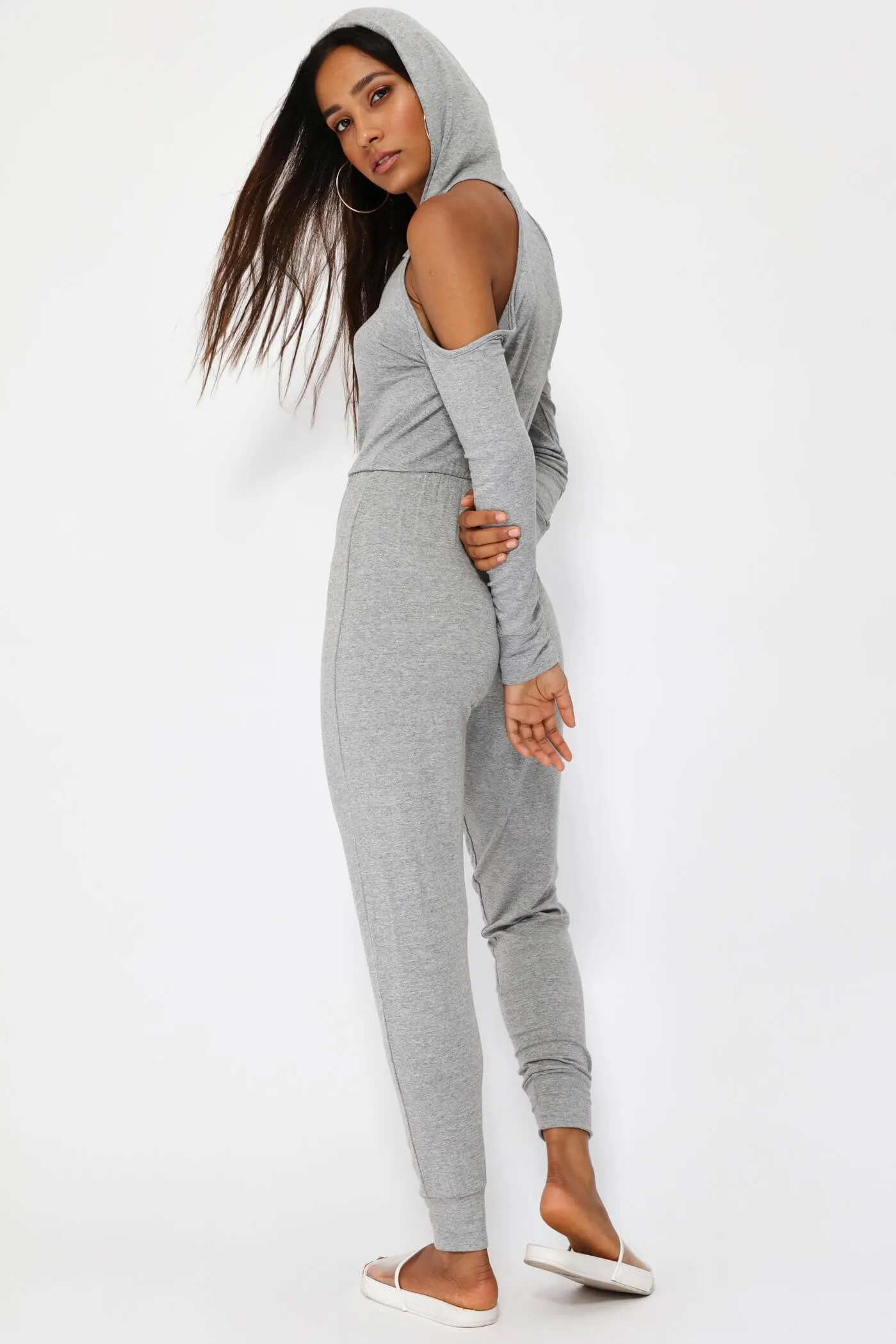 Grey Cold Shoulder Hoodie Jumpsuit