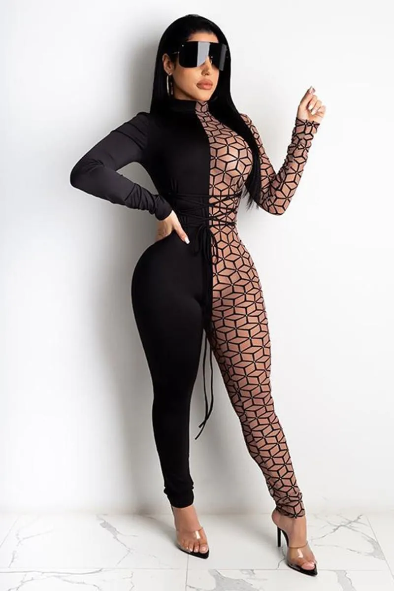 Half see through mesh patchwork black jumpsuit