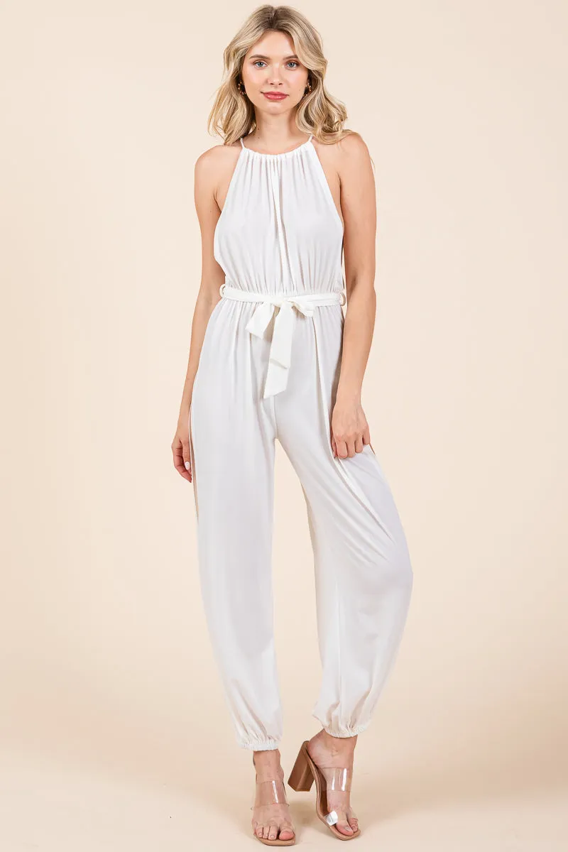 Halter Neck Shirred Belted Split Leg Jumpsuit