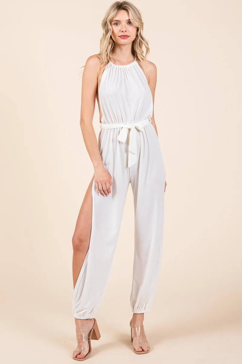 Halter Neck Shirred Belted Split Leg Jumpsuit