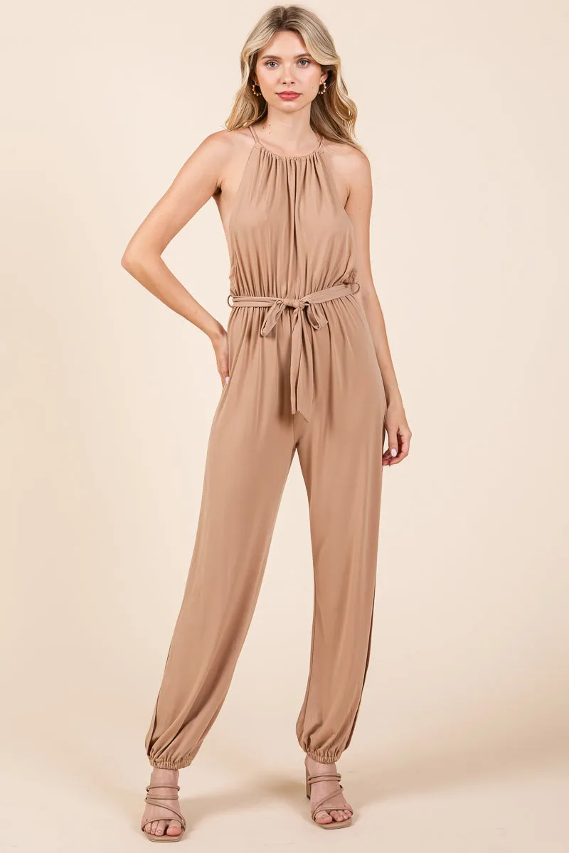 Halter Neck Shirred Belted Split Leg Jumpsuit