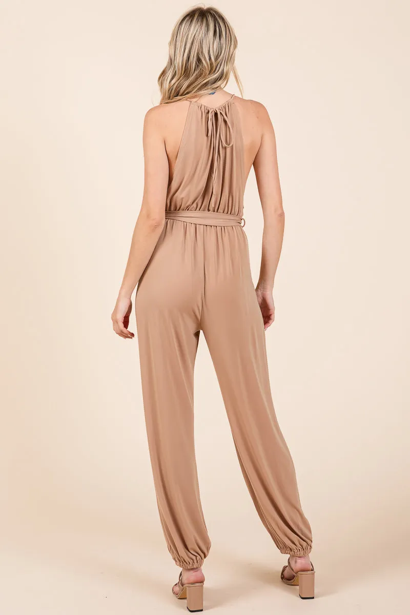 Halter Neck Shirred Belted Split Leg Jumpsuit