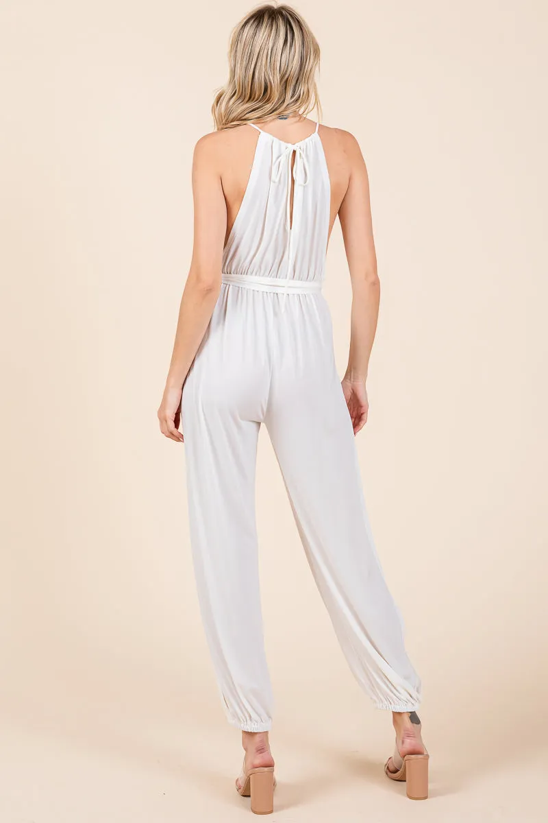 Halter Neck Shirred Belted Split Leg Jumpsuit