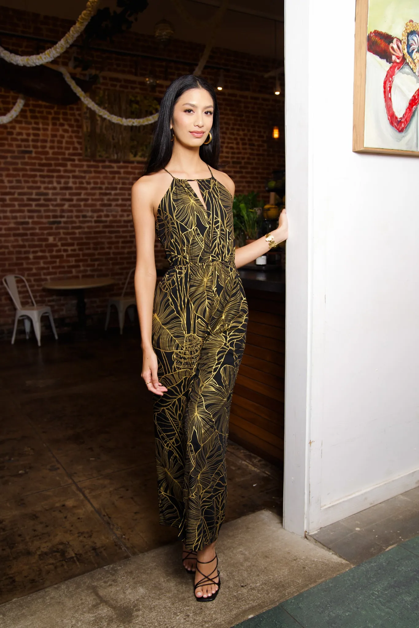 Hana Halter Jumpsuit | Kalo Black/Metallic Gold