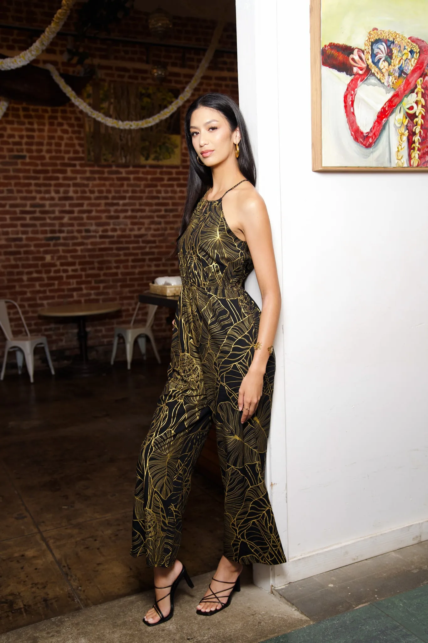 Hana Halter Jumpsuit | Kalo Black/Metallic Gold