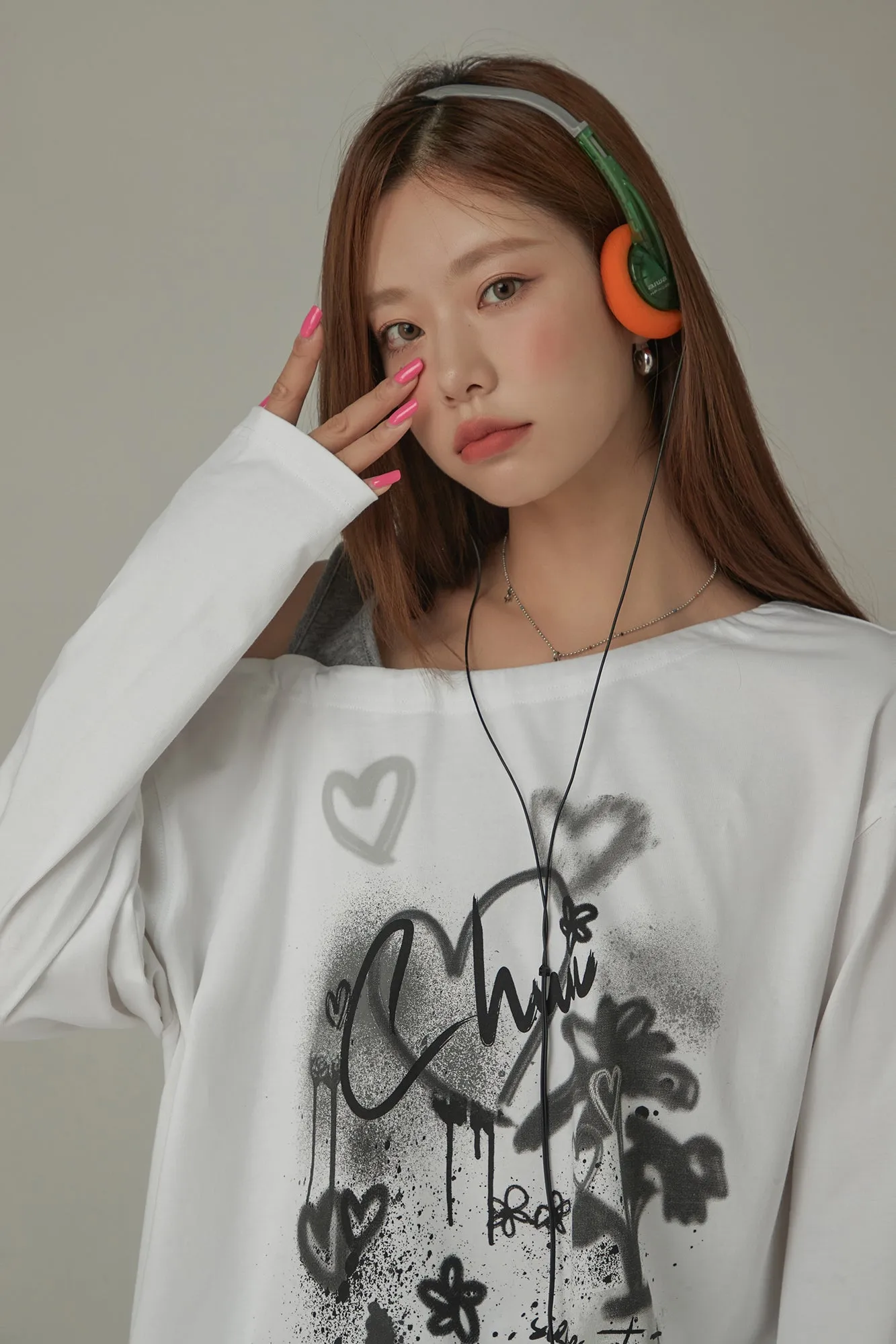 Heart Logo One Shoulder Long Sleeve T-Shirt