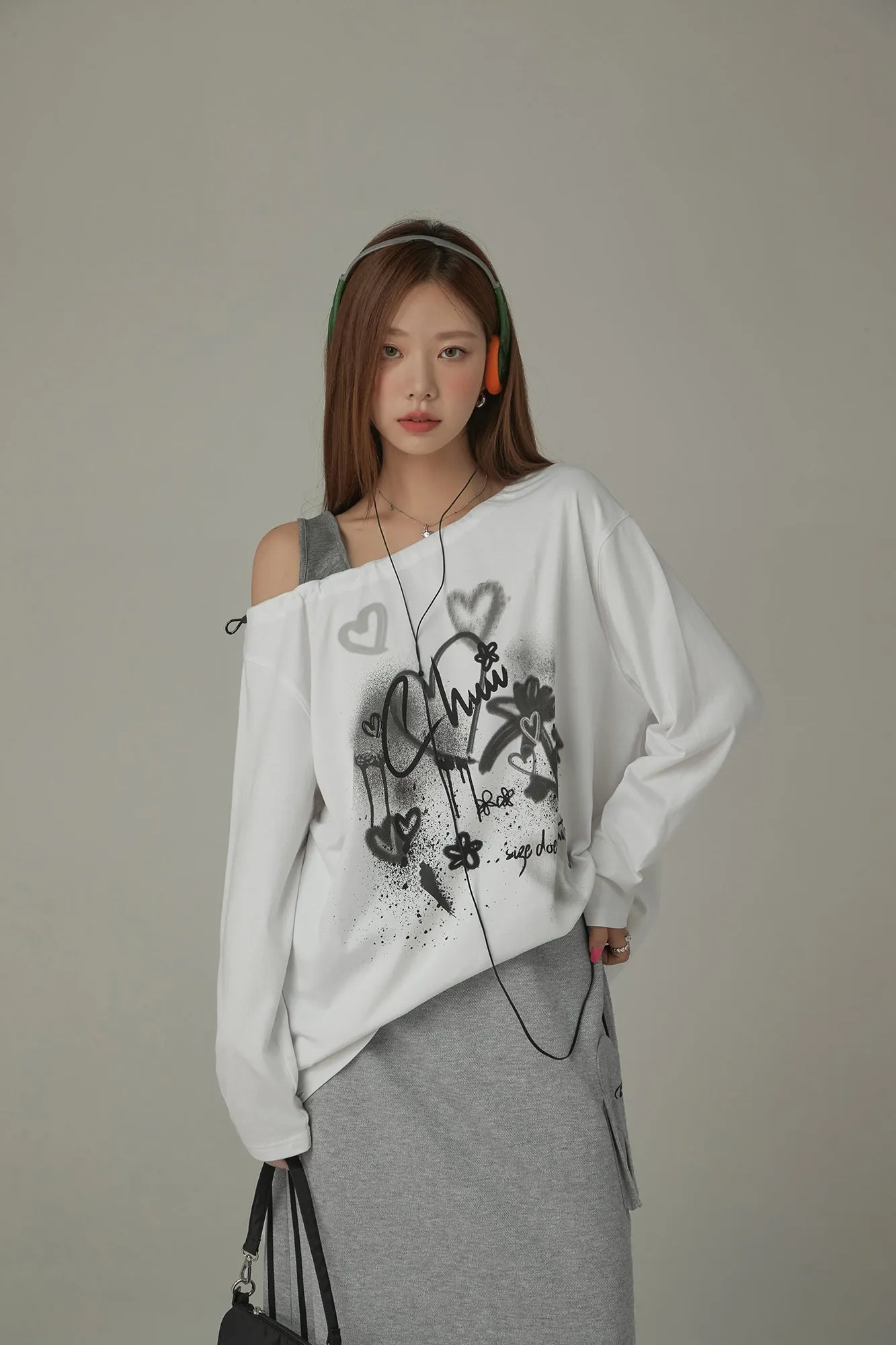 Heart Logo One Shoulder Long Sleeve T-Shirt