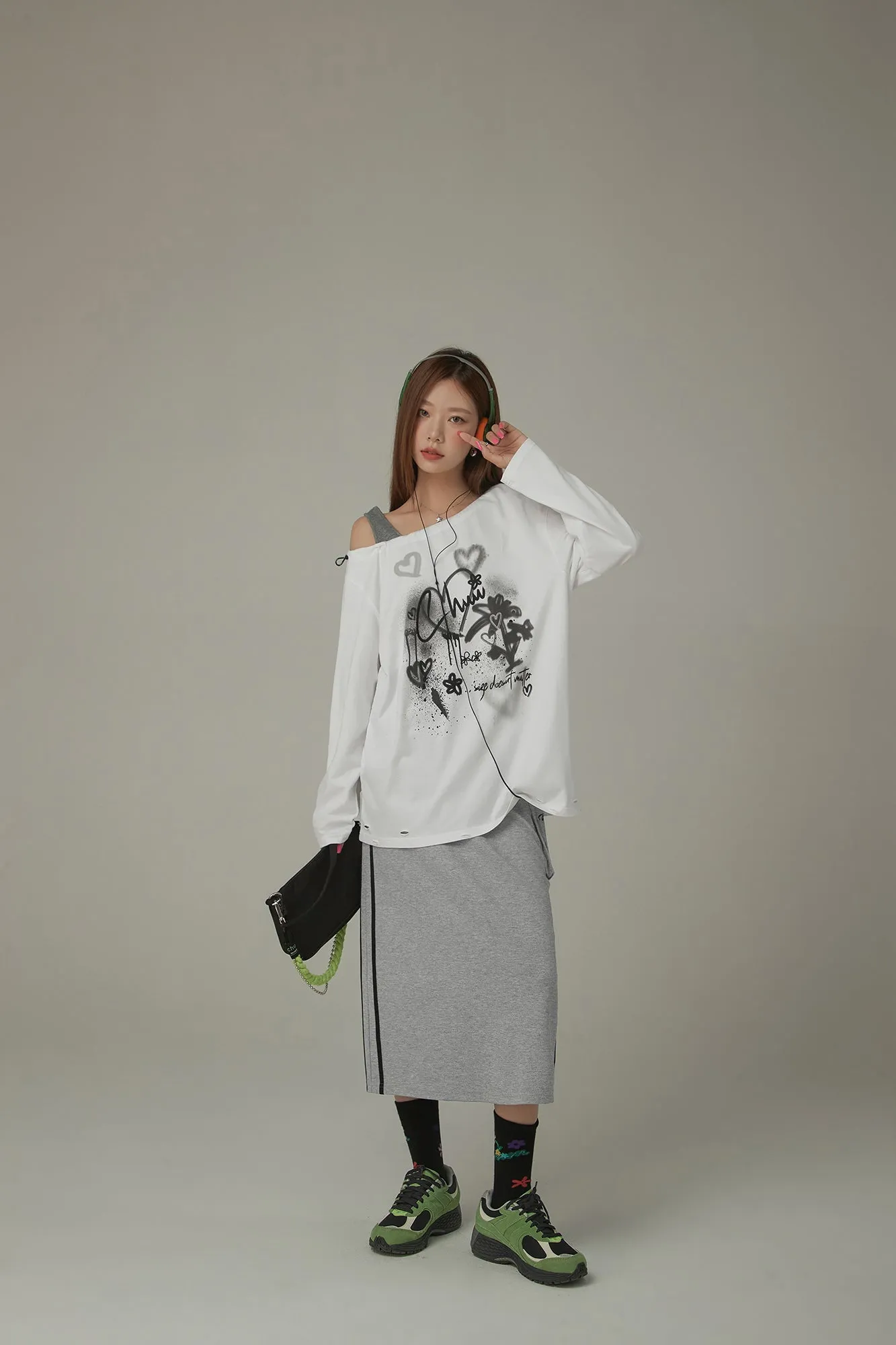 Heart Logo One Shoulder Long Sleeve T-Shirt