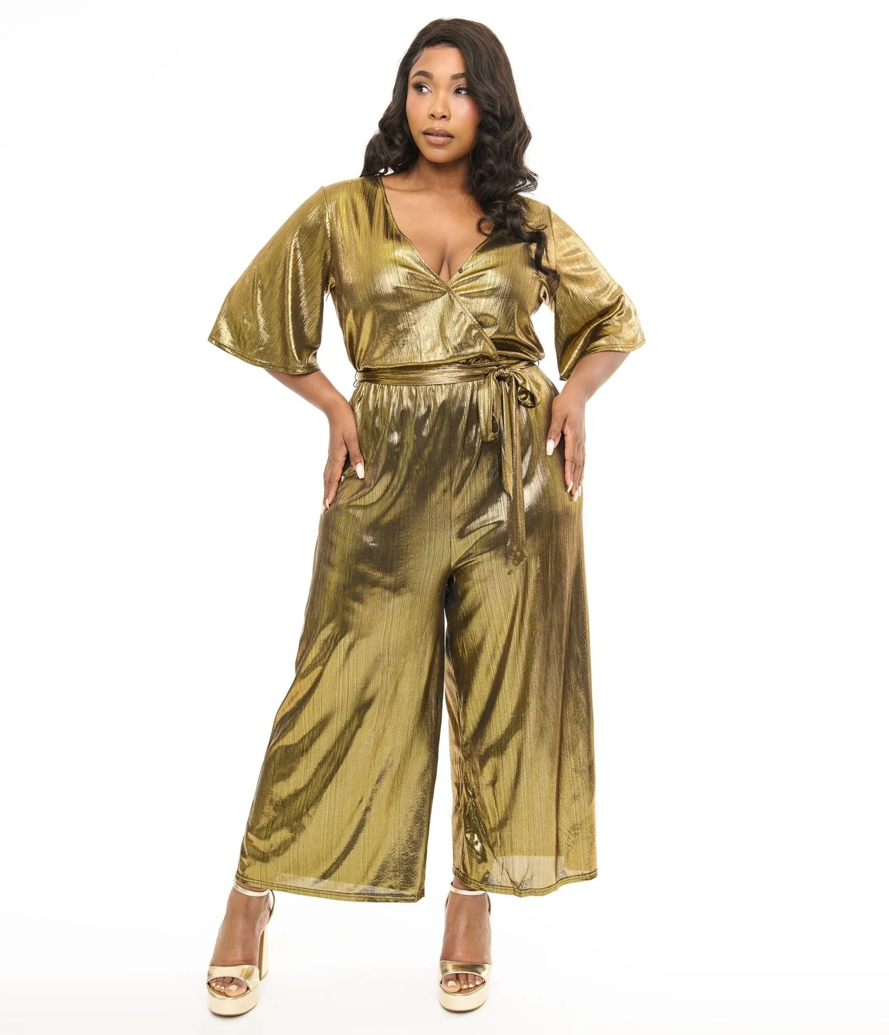 Hell Bunny Plus Size 1970s Gold Lurex Jumpsuit