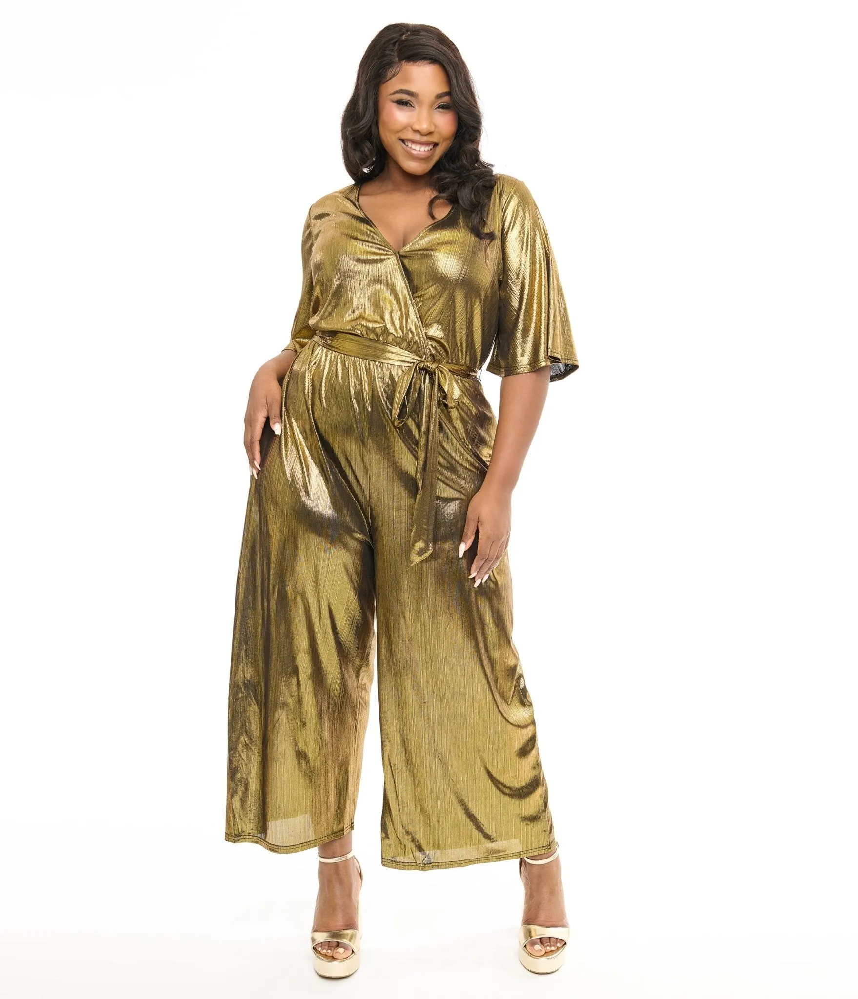 Hell Bunny Plus Size 1970s Gold Lurex Jumpsuit