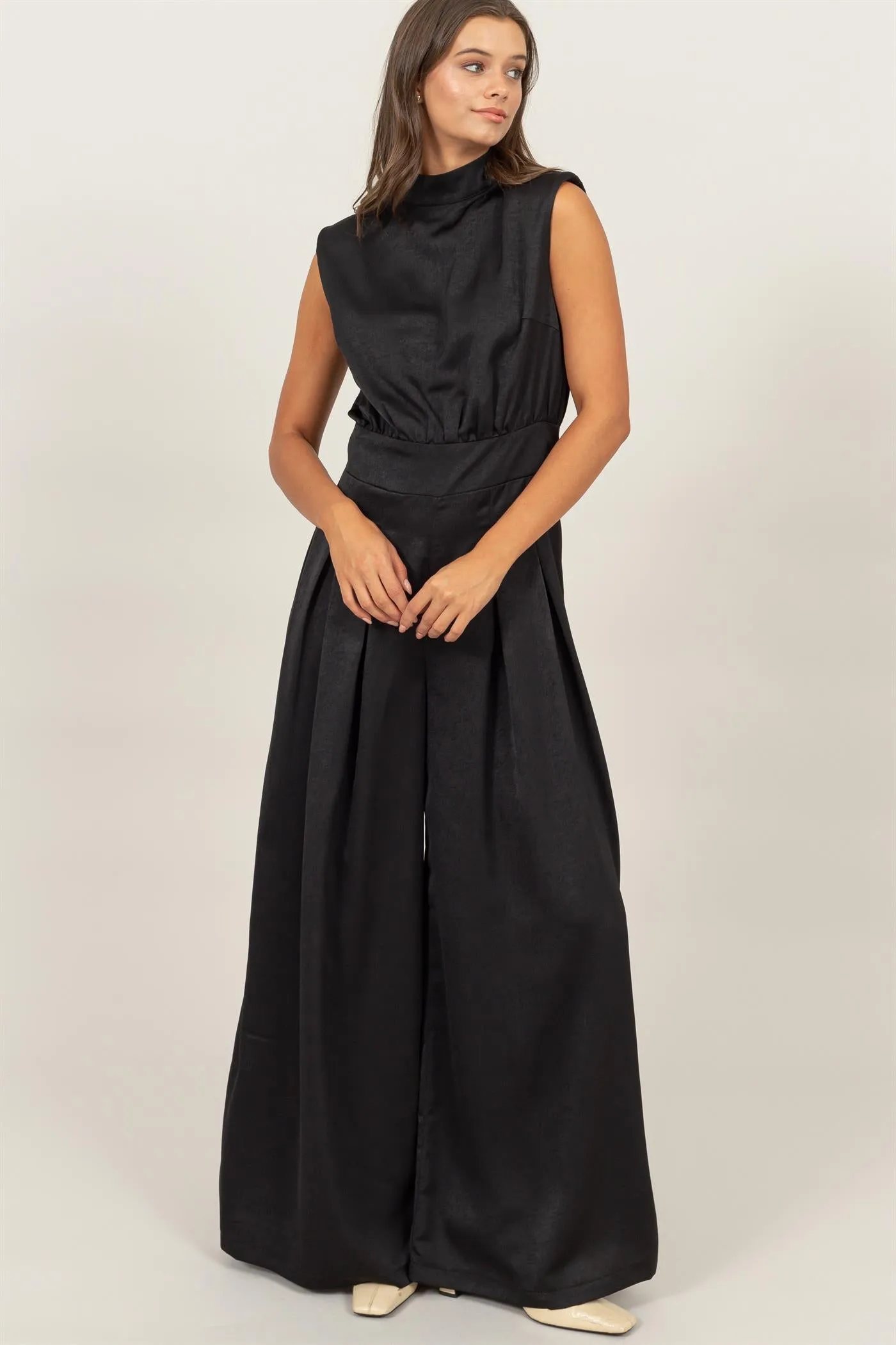 HF24G072-SLEEVELESS WIDE LEG SATIN JUMPSUIT