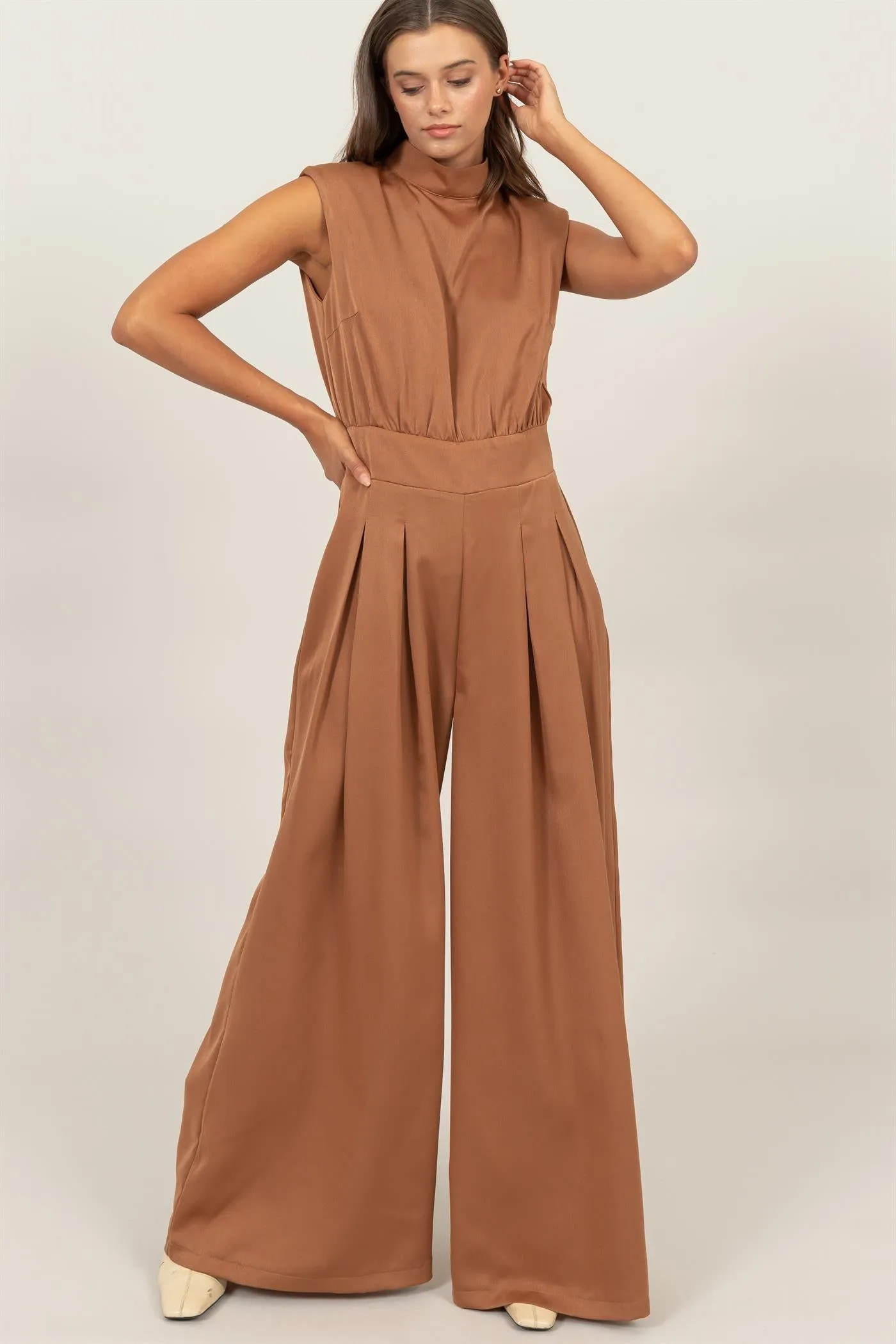 HF24G072-SLEEVELESS WIDE LEG SATIN JUMPSUIT