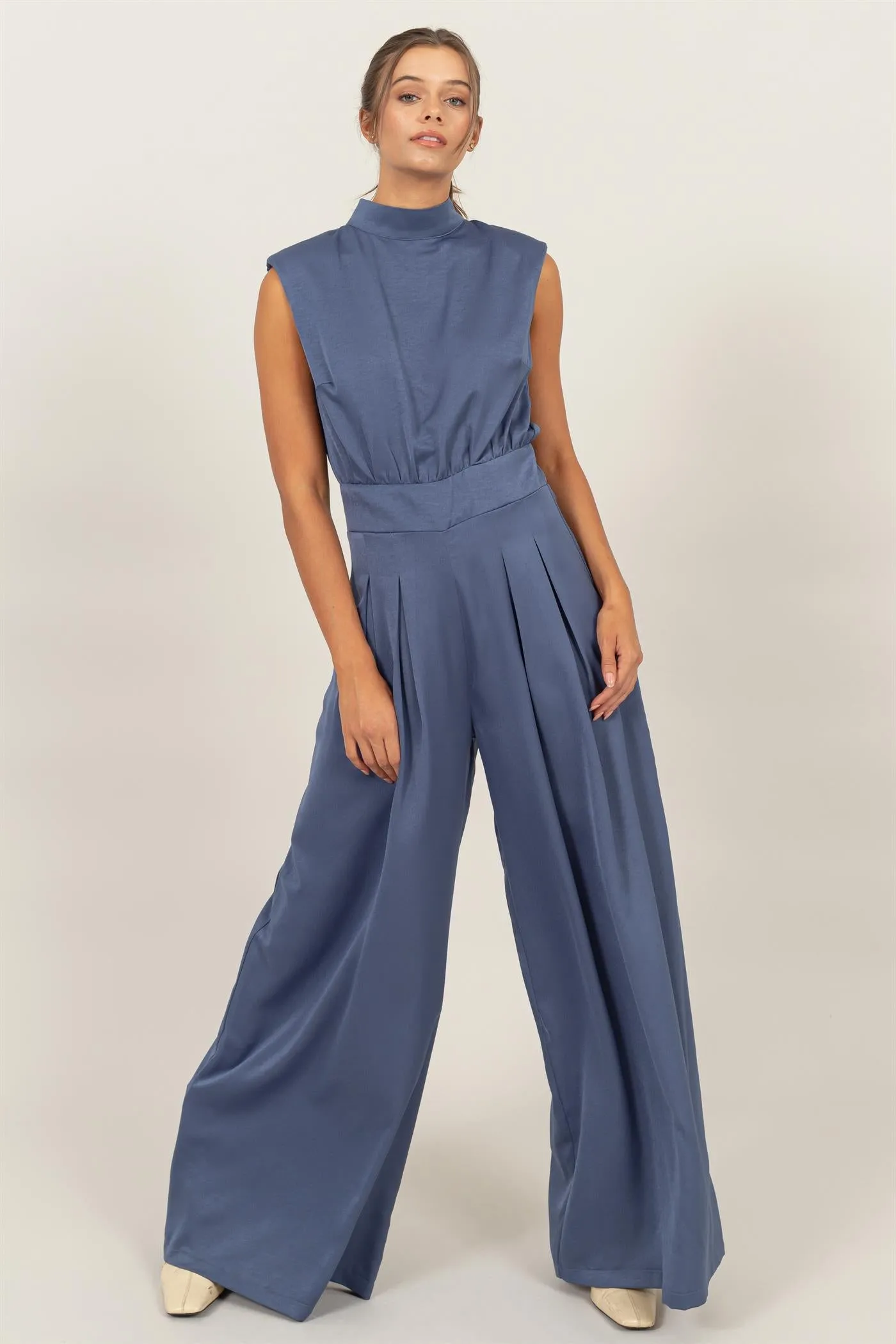 HF24G072-SLEEVELESS WIDE LEG SATIN JUMPSUIT