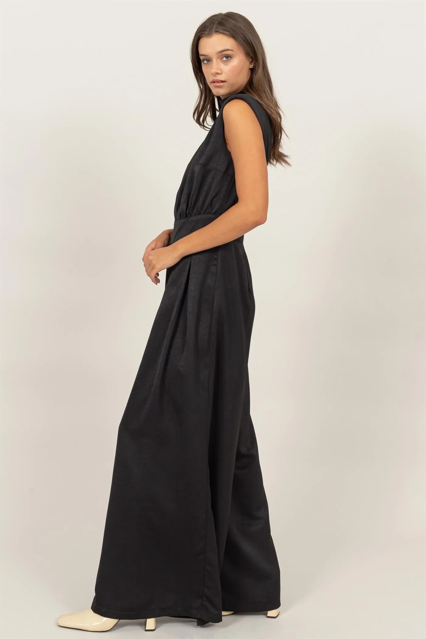 HF24G072-SLEEVELESS WIDE LEG SATIN JUMPSUIT