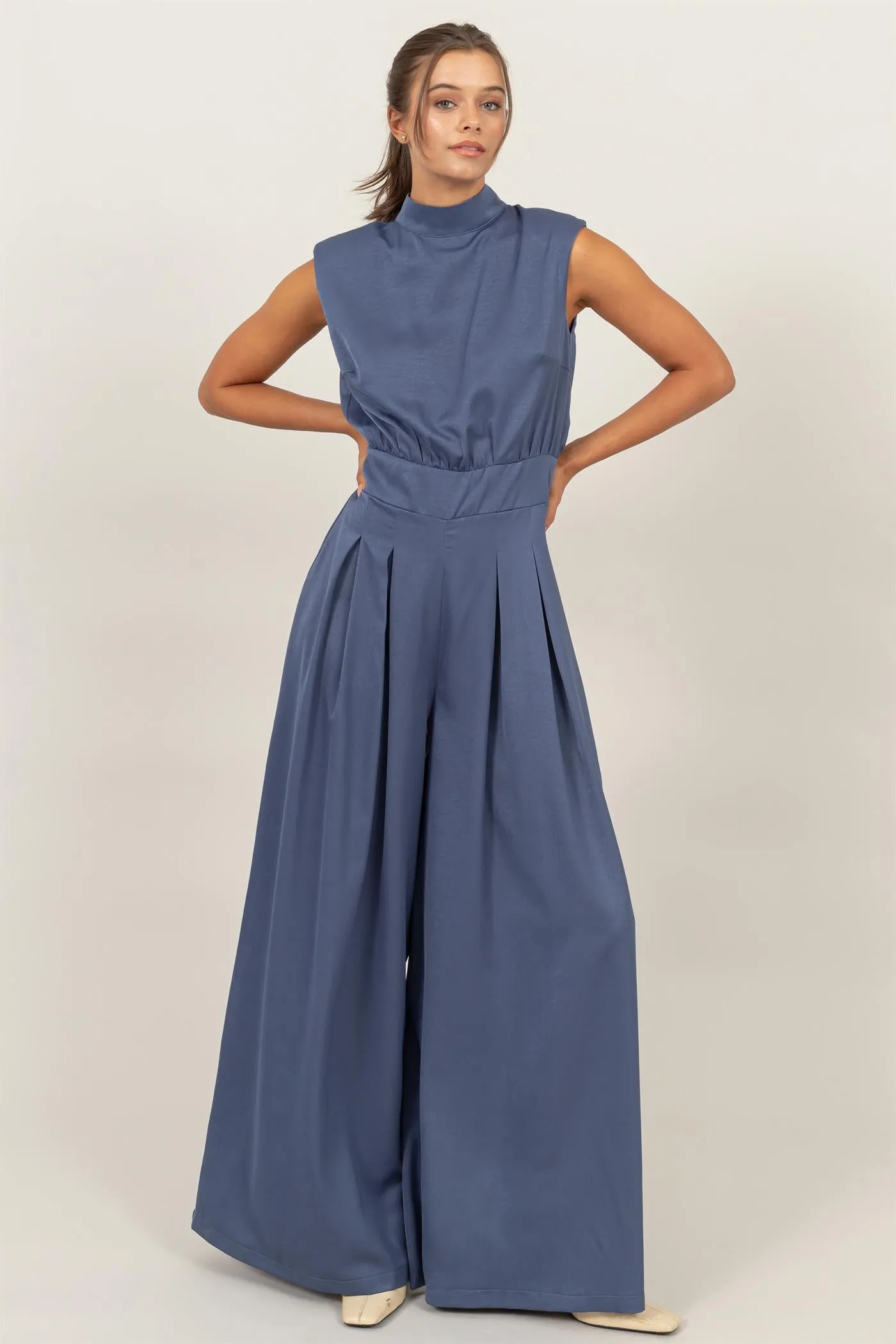 HF24G072-SLEEVELESS WIDE LEG SATIN JUMPSUIT