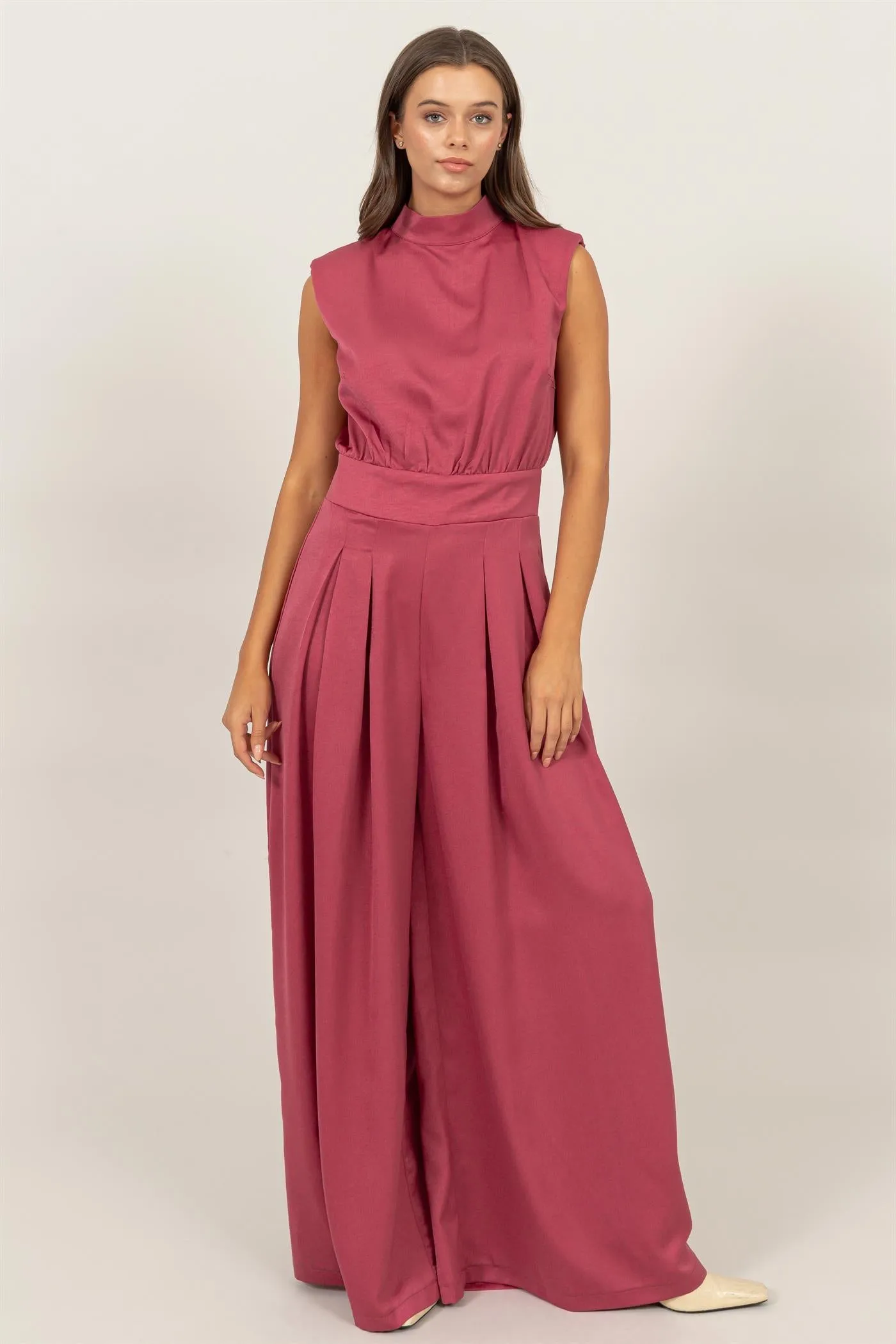 HF24G072-SLEEVELESS WIDE LEG SATIN JUMPSUIT