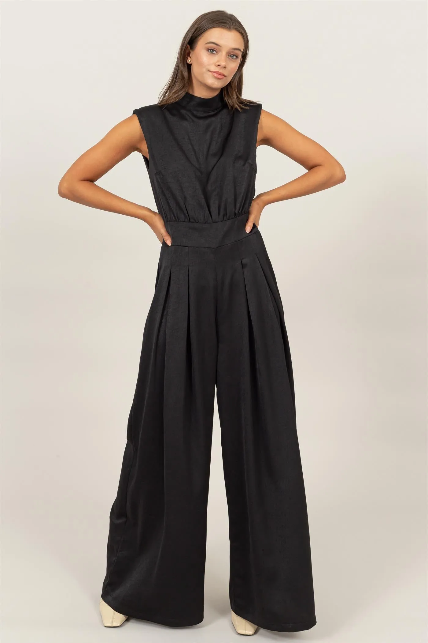 HF24G072-SLEEVELESS WIDE LEG SATIN JUMPSUIT