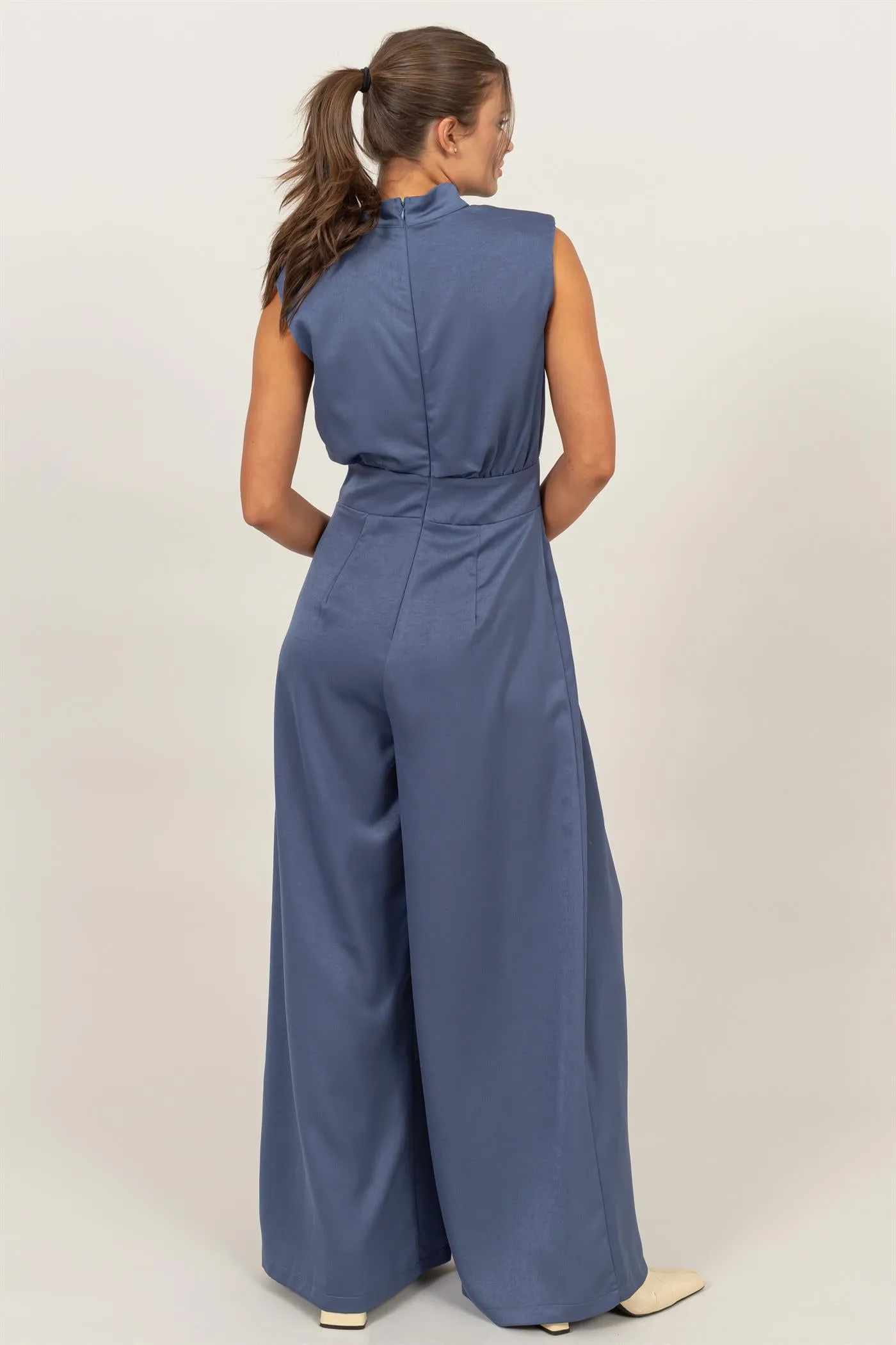 HF24G072-SLEEVELESS WIDE LEG SATIN JUMPSUIT