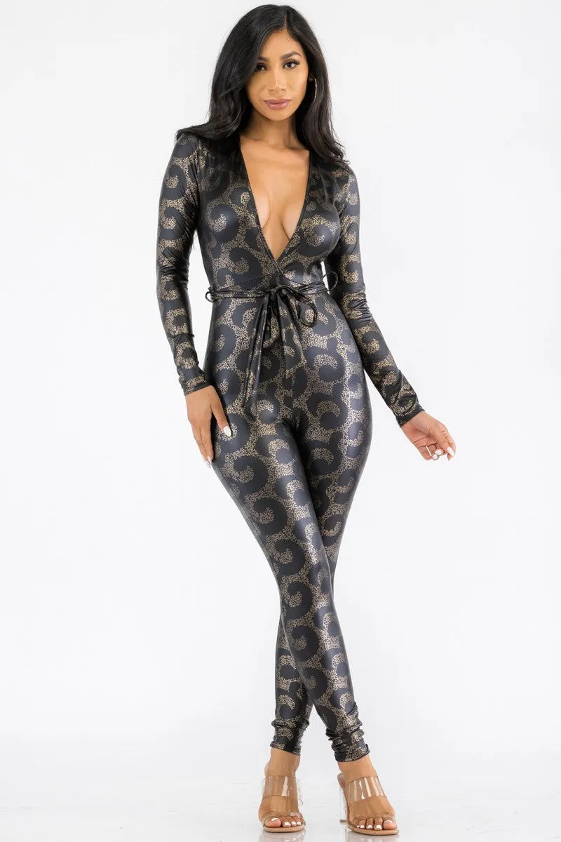 HH626R-METALLIC - LONG SLEEVE BODYCON JUMPSUIT