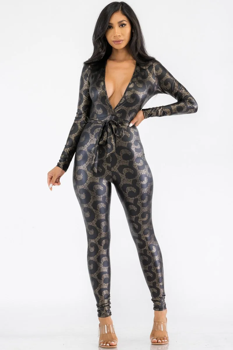 HH626R-METALLIC - LONG SLEEVE BODYCON JUMPSUIT