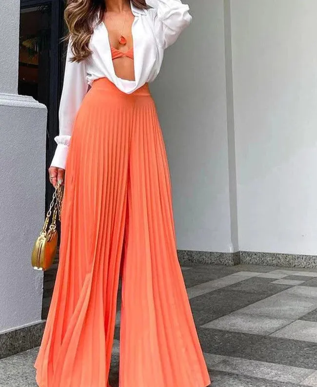 High Fashion Lime Green Pleated Wide Leg Pants