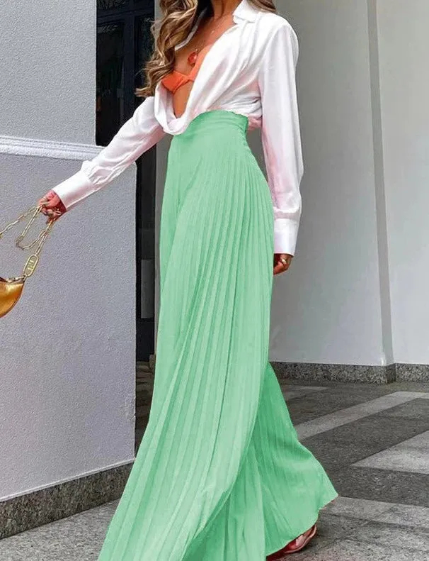 High Fashion Lime Green Pleated Wide Leg Pants