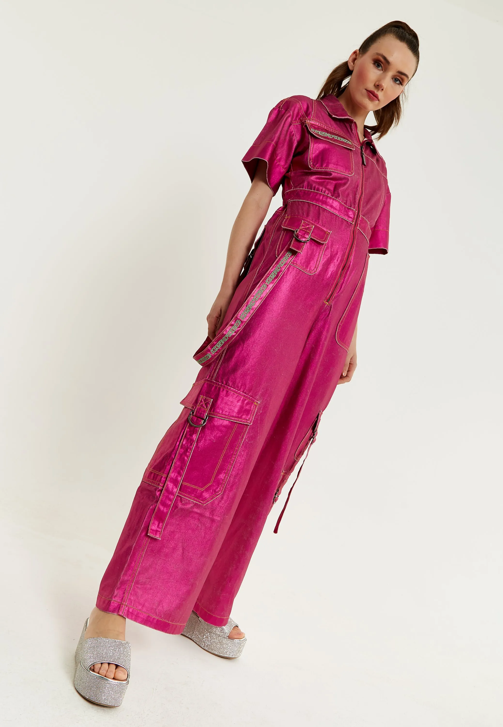 House Of Holland Metallic Utility Jumpsuit In Fuchsia