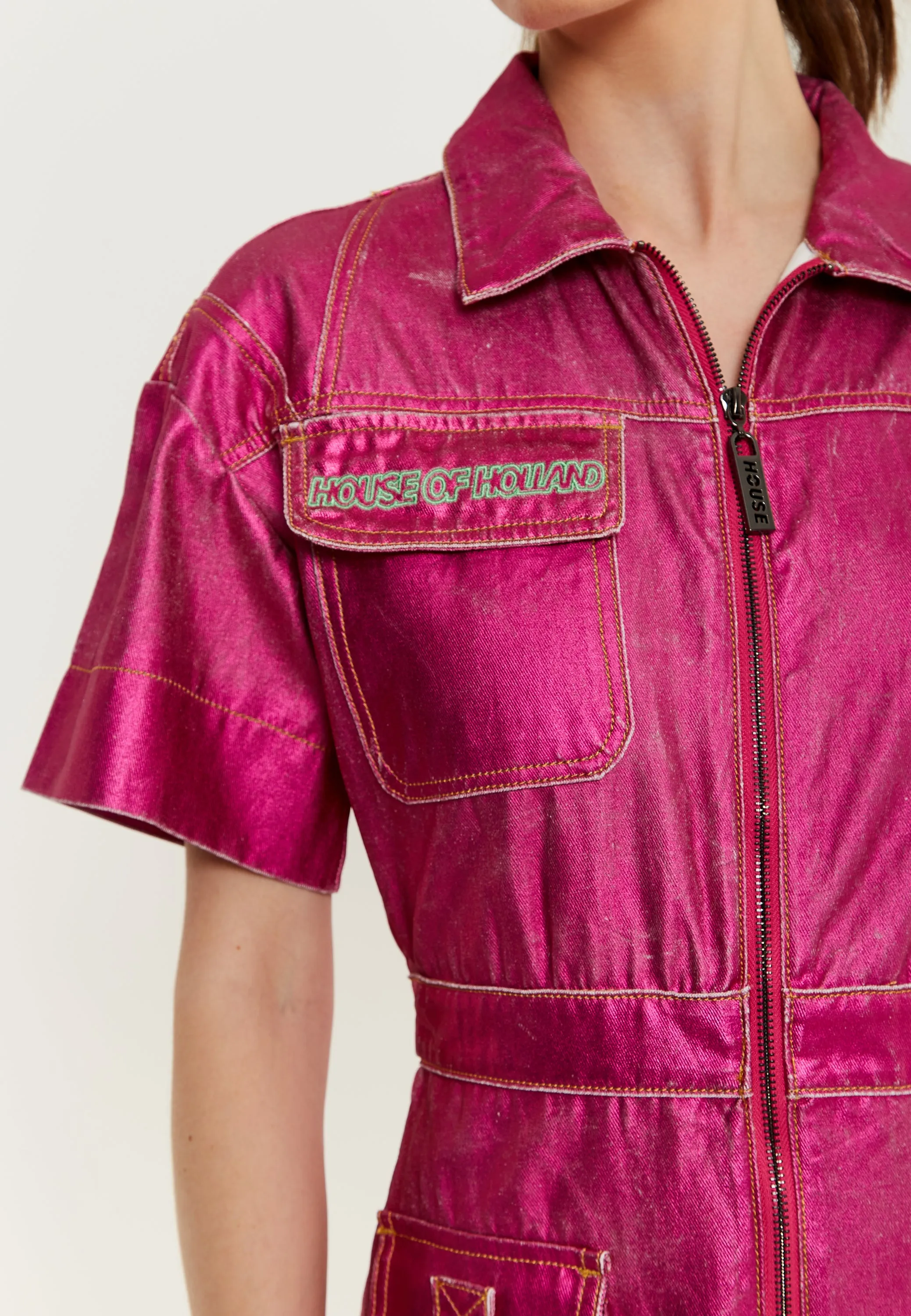 House Of Holland Metallic Utility Jumpsuit In Fuchsia