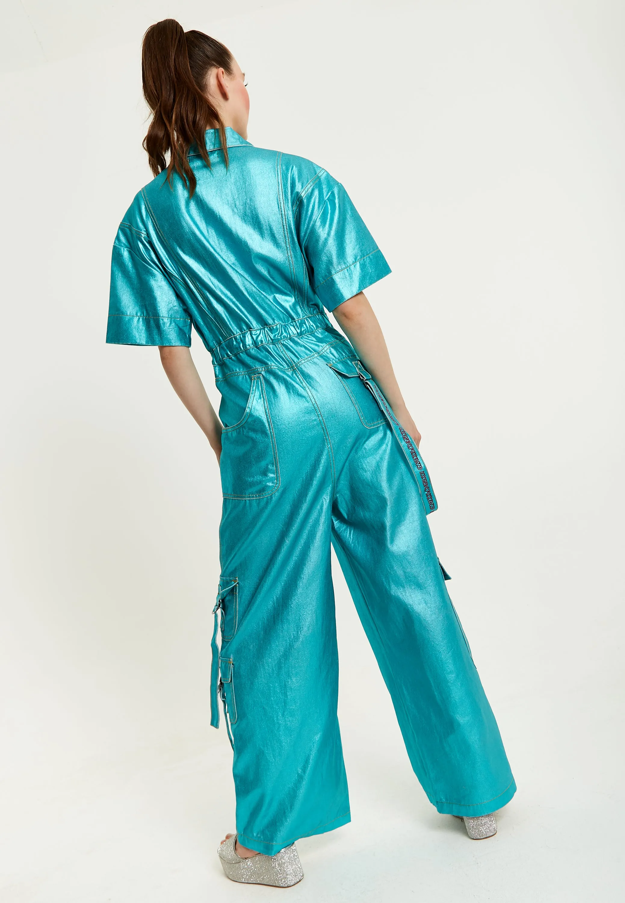 House Of Holland Metallic Utility Jumpsuit In Turquoise