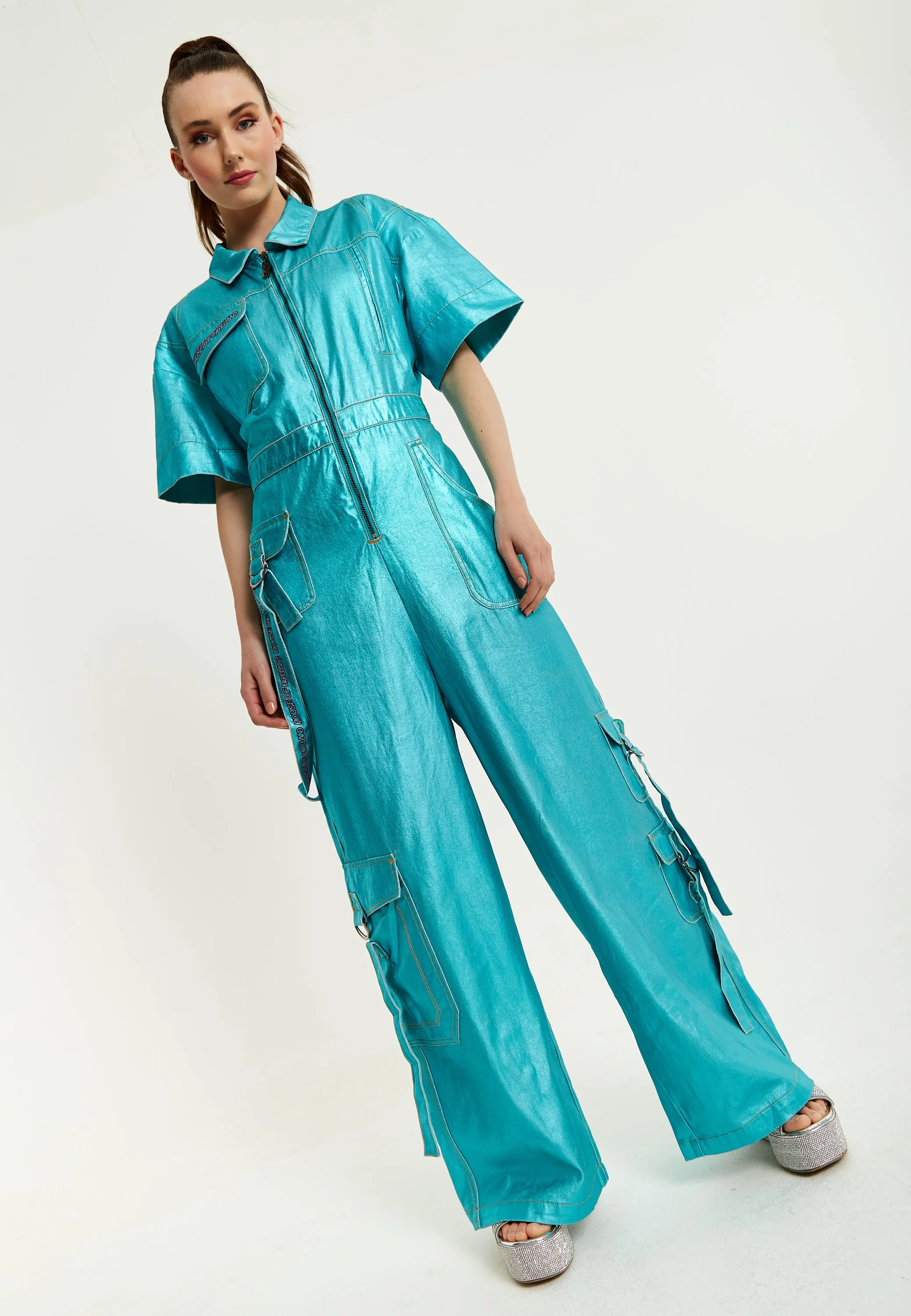 House Of Holland Metallic Utility Jumpsuit In Turquoise