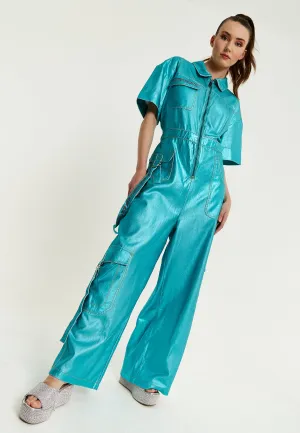 House Of Holland Metallic Utility Jumpsuit In Turquoise