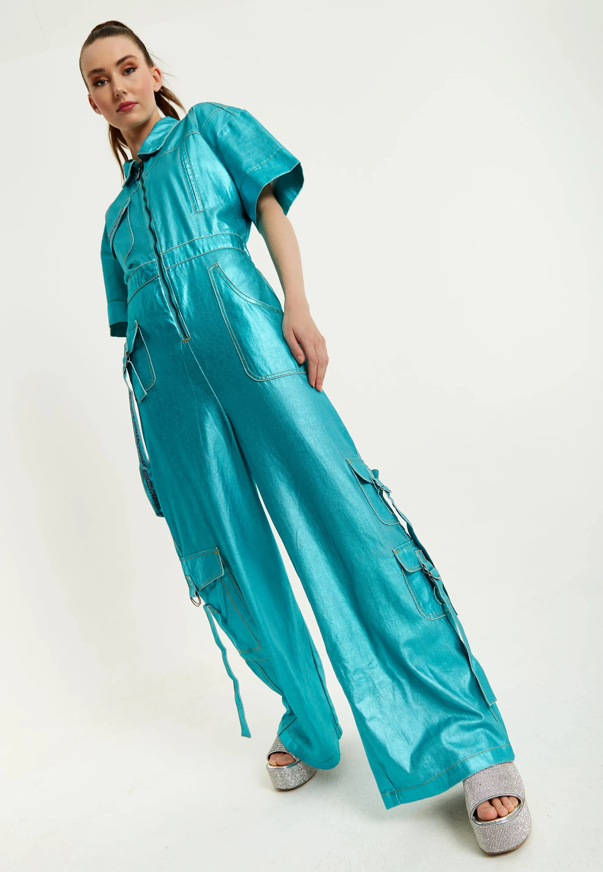 House Of Holland Metallic Utility Jumpsuit In Turquoise