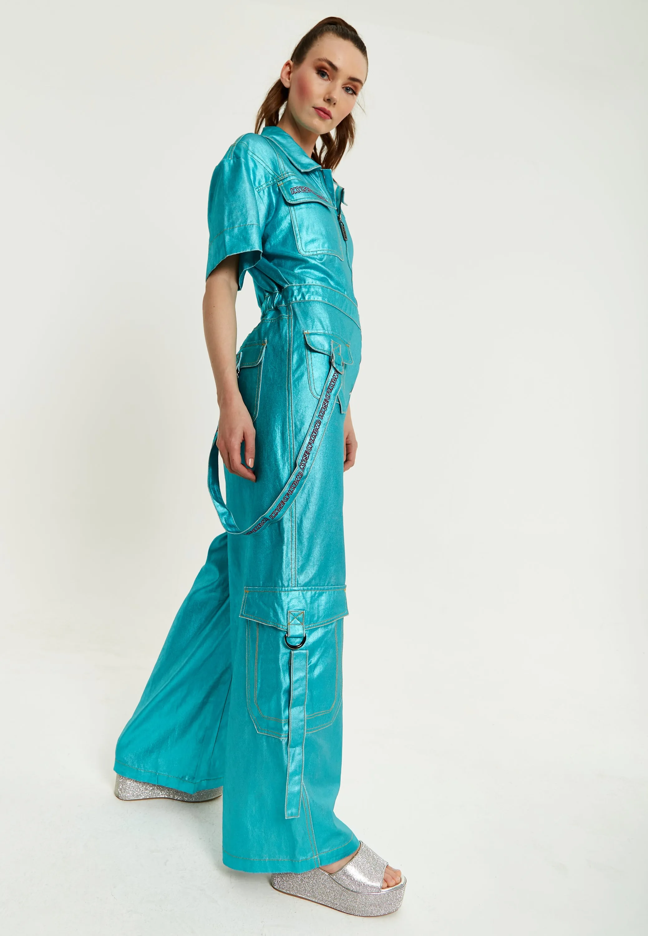 House Of Holland Metallic Utility Jumpsuit In Turquoise