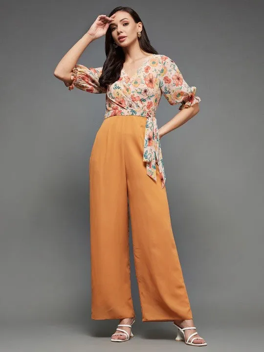 Indo Western Mustard Yellow Floral Printed V-Neck Basic Jumpsuit For Women