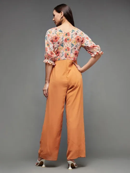 Indo Western Mustard Yellow Floral Printed V-Neck Basic Jumpsuit For Women