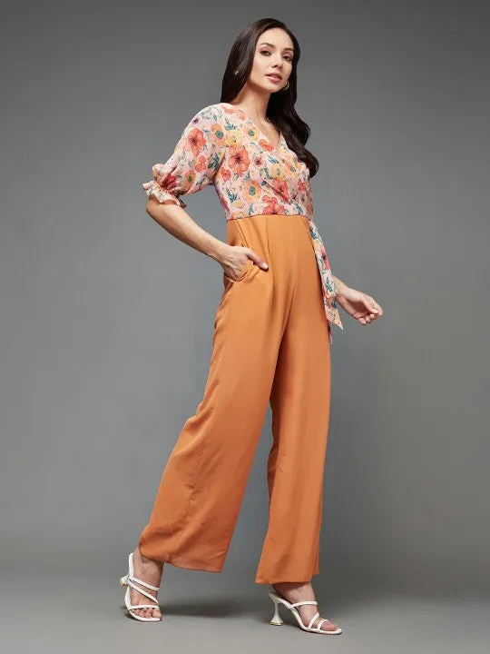 Indo Western Mustard Yellow Floral Printed V-Neck Basic Jumpsuit For Women