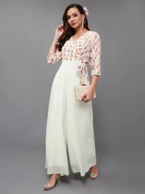 Indo Western Off White & Peach Floral Printed V-Neck Basic Jumpsuit For Women