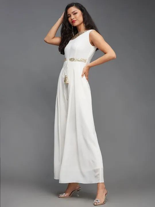 Indo Western Solid White & Gold Toned Embellished Sleeveless Jumpsuit For Women