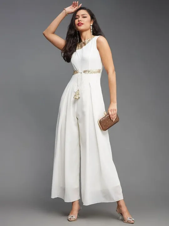 Indo Western Solid White & Gold Toned Embellished Sleeveless Jumpsuit For Women