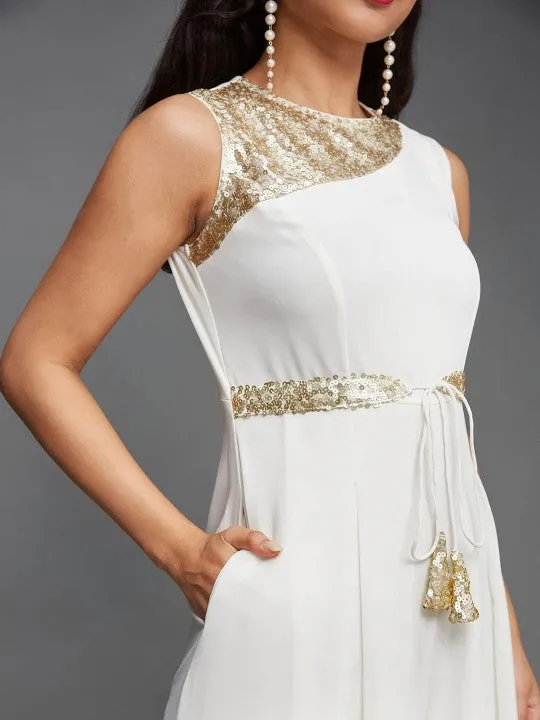 Indo Western Solid White & Gold Toned Embellished Sleeveless Jumpsuit For Women