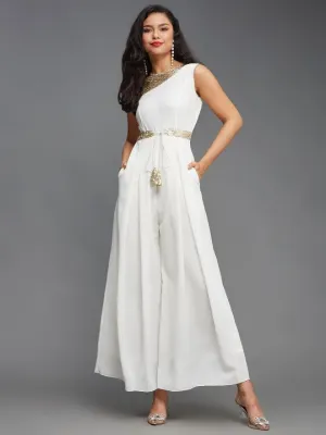 Indo Western Solid White & Gold Toned Embellished Sleeveless Jumpsuit For Women