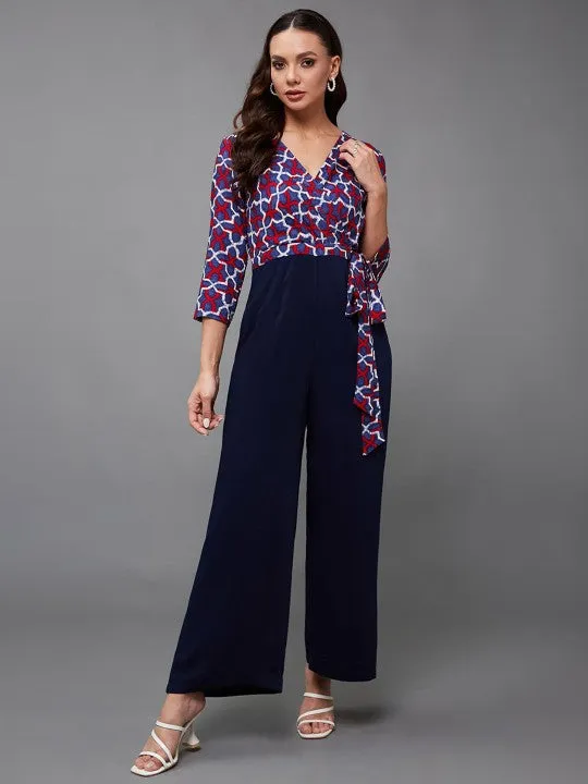 Indo Western V-Neck Three-Quarter Sleeve Wrap Regular-Length Jumpsuit For Women