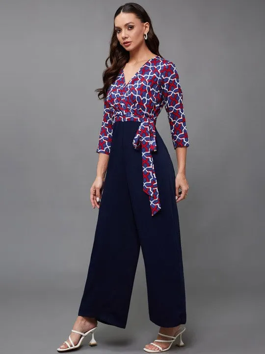 Indo Western V-Neck Three-Quarter Sleeve Wrap Regular-Length Jumpsuit For Women