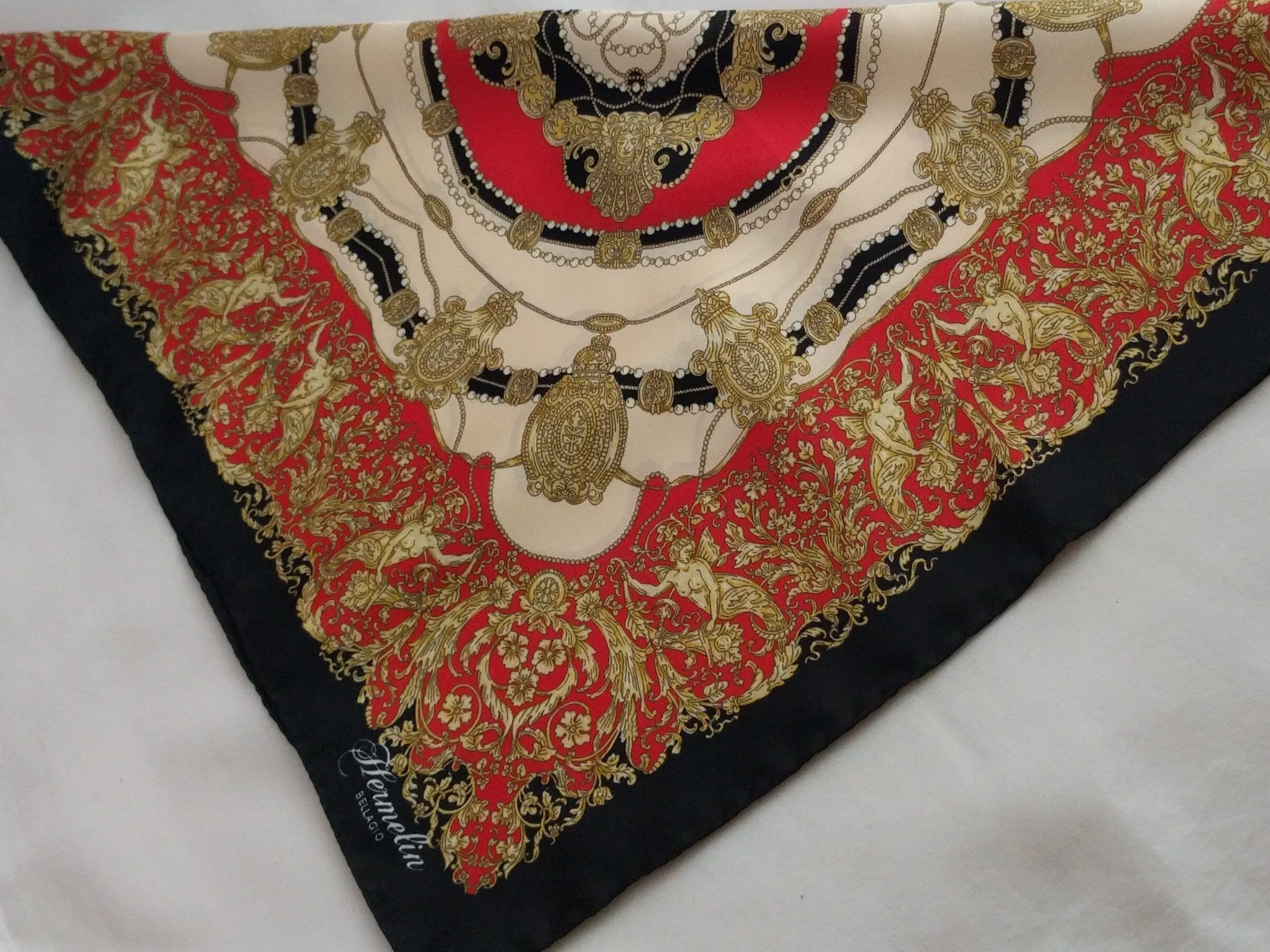 Italian Silk Scarf – Small Black Como Silk Scarf, Red & Cream Accents, Made in Italy, 19.5" Square with Rolled Edges