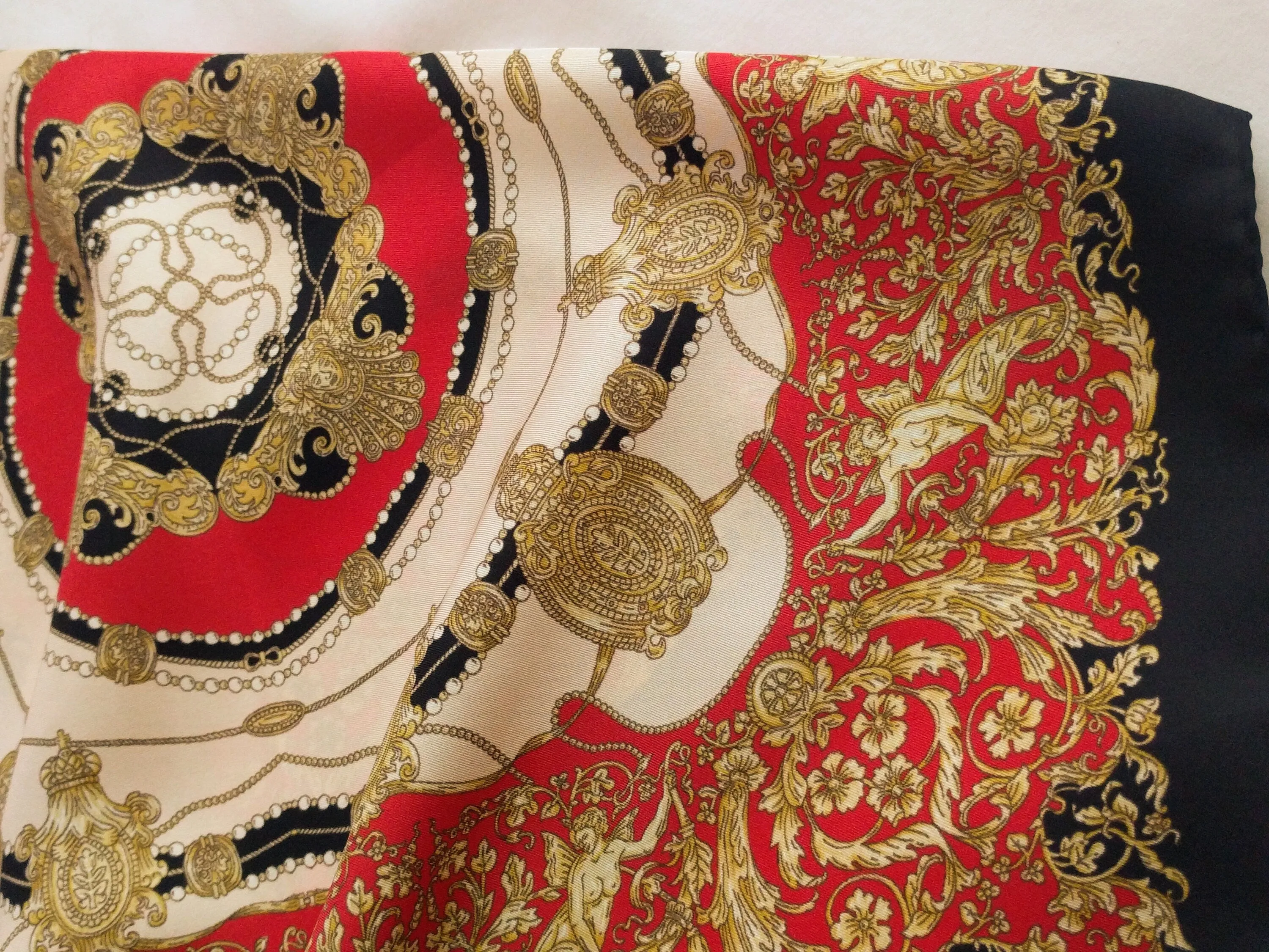 Italian Silk Scarf – Small Black Como Silk Scarf, Red & Cream Accents, Made in Italy, 19.5" Square with Rolled Edges